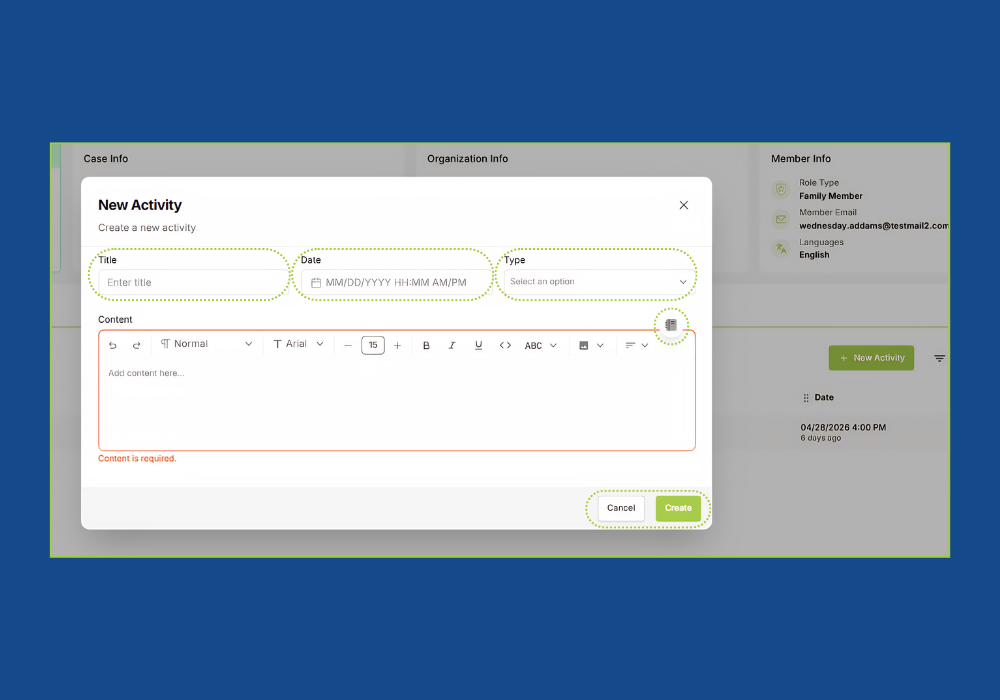 Case activity required fields