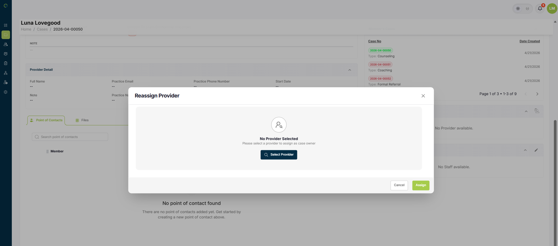 STG.Case created. Assign Provider pop up